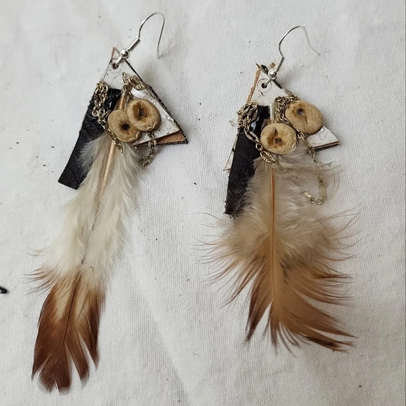 real White Birch Feather Leather Chain Wood Earrings - Picture 1 of 2